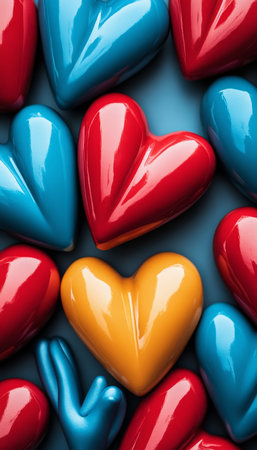 Vibrant Heart-shaped Candies on a Blue Background, Perfect for Valentine s Day Promotionsの素材