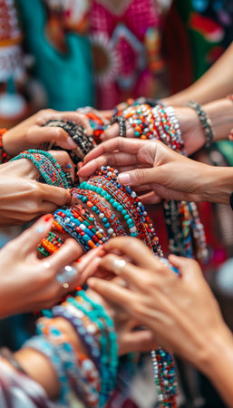 Colorful Chaos Hands Gather Around, A Tapestry of Friendship Bracelets Taking Shapeの素材