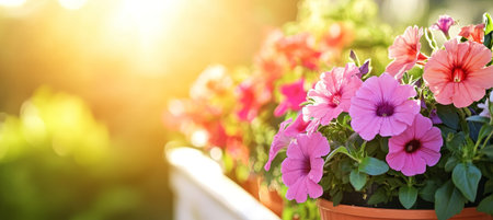 Blossoming Petunias Vibrant Potted Flowers Bathed in Golden Sunlight on a Sunny Terraceの素材