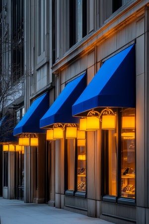 Elegant storefronts with blue awnings and warm inviting glow, creating a cozy urban atmosphere.の素材