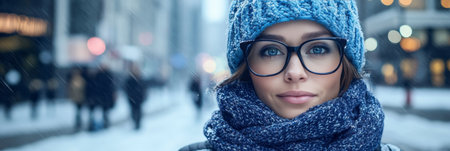 Stylish Young Woman with Glasses and a Woolen Beanie Embraces the Cold Beauty of Winter in the Cityの素材
