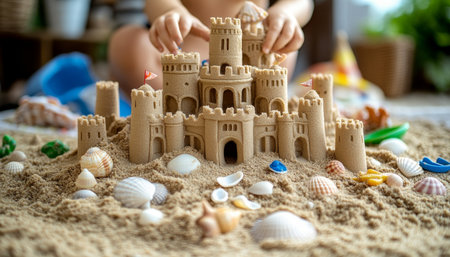 Child s Hands Craft Intricate Sandcastle On Sunny Beach, Summer Fun And Imagination At Play.の素材
