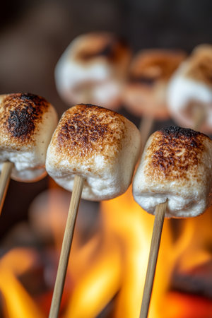Close-up of Gooey, Golden-Brown Marshmallows Roasting over Open Flames for a Sweet Treat.の素材