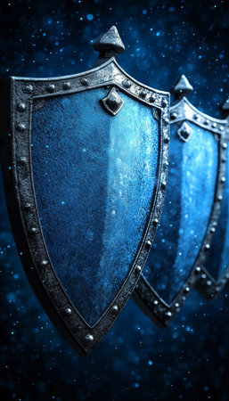 Blue Metallic Shields on a Dark, Glittering Background, Security and Insurance Conceptの素材