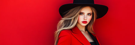 Stylish Woman with Long Hair and Red Lipstick in a Black Hat Against Bold Red Backdropの素材