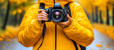 Photographer In Yellow Raincoat Taking Pictures, Exploring Autumn Nature With Camera, Fall Foliageの素材