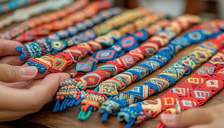 Colorful Handmade Friendship Bracelets A Close-Up of the Creative Process in a Vibrant Workshopの素材