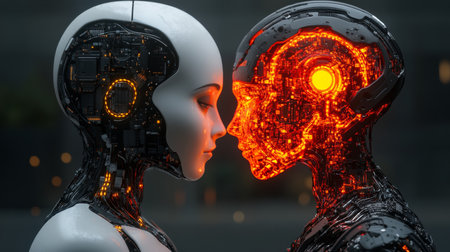 Futuristic Love Story. Portrait of Two Robots, One White and One Black, Looking at Each Other.の素材