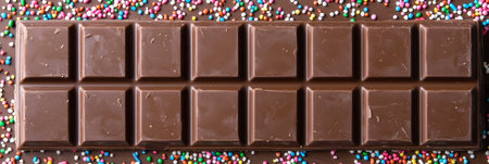 Delicious Whole Milk Chocolate Candy Bar Lies on a Colorful Rainbow Sprinkles Background. Top Viewの素材