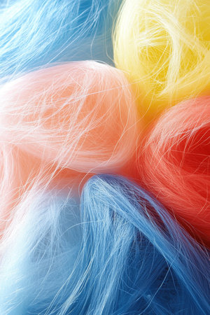 Blue, Yellow, Red, And Orange Cotton Candy Close Up, Abstract Sugar Clouds Background Textureの素材