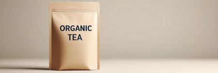 Kraft Paper Pouch Of Organic Tea On A Plain Gray Background, Minimalistic Packaging Designの素材