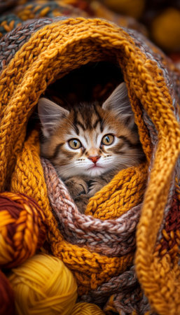 Adorable Kitten Nestled in Warm Knitted Blanket, Surrounded by Yarn, Exuding Cozy Charmの素材