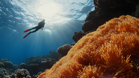 Scuba Diver Explores a Vibrant Coral Reef, Sunlight Beams Underwater, Ocean Conservationの素材