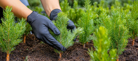 Gloved Hands Gently Plant a Small Pine Tree Sapling Among Rows of Young Conifers for Reforestationの素材