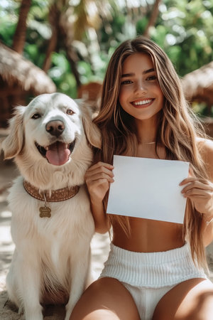 Beach Vacation Vibes. Girl  Golden Retriever Holding Blank Notecard. Summertime Travelの素材