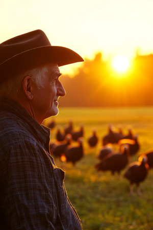 Golden Hour on the Farm Senior Farmer Contemplates Tranquil Sunset with His Turkey Flockの素材