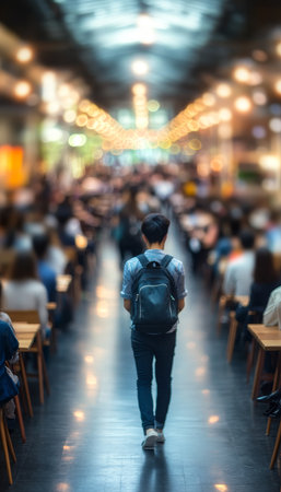 Man With Backpack Walking in Busy Blurred Food Court Urban Nightlife Scene Back Viewの素材