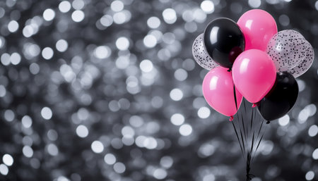 Pink and Black Balloons on Bokeh Background, Celebration Concept or Festive Party Decorationの素材