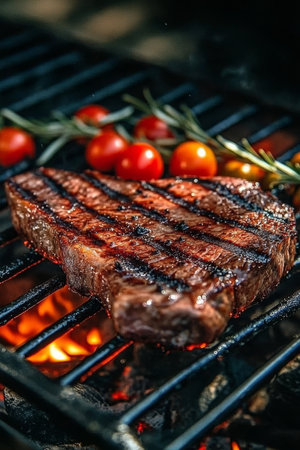 Sizzling Rosemary Steak Perfectly Grilled Medium-Rare Juicy Steak with Tomatoes on Barbecue Grillの素材