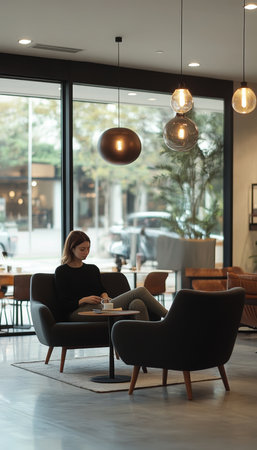 Relaxed Modern Woman Enjoys Quiet Moment in Minimalist Coffee Shop Lounge Area with Large Windowsの素材