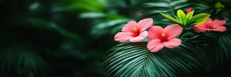 Three Vibrant Pink Hibiscus Flowers in Bloom on a Lush Green Palm, Tropical Backgroundの素材