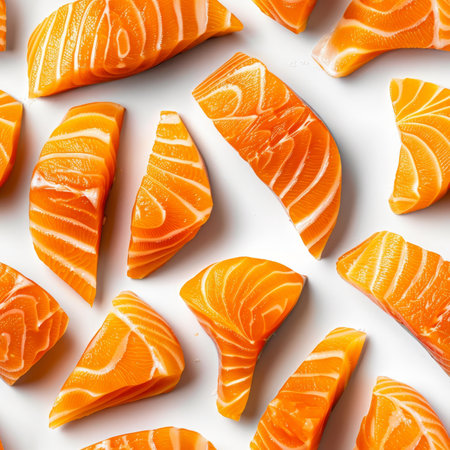 Pattern of Fresh Salmon Fillets, Raw Sashimi Slices Arranged on White Background. A Culinary Delightの素材