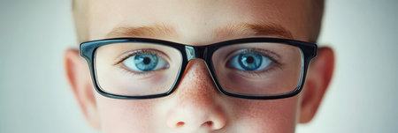 Cute Little Childish Eyes Behind Large Black Frame. Extreme Close Up, Studio Photo Session.の素材