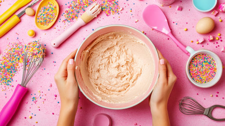 Woman s Hands Mixing Cake Batter in a Pink Bowl, Surrounded by Colorful Sprinkles and Baking Toolsの素材