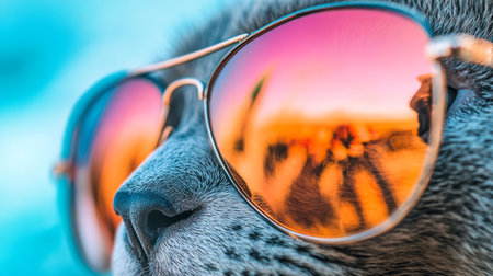 Cool Cat with Mirrored Aviator Sunglasses, Close-Up Portrait, Vibrant Background Reflection.の素材