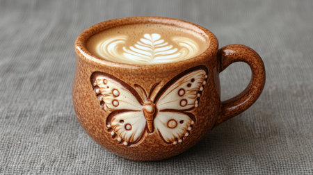 Aromatic Coffee Latte Art with Fern Design in Brown Butterfly Mug on Burlap Background.の素材