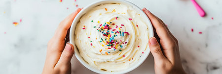 Two Hands Hold A Bowl Of White Frosting Topped With Rainbow Sprinkles On A Marble Backgroundの素材