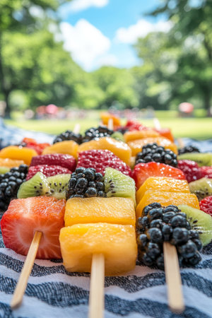 Colorful Fresh Fruit Skewers on a Picnic Blanket, Perfect Summer Snack in the Park, Healthy Eatingの素材