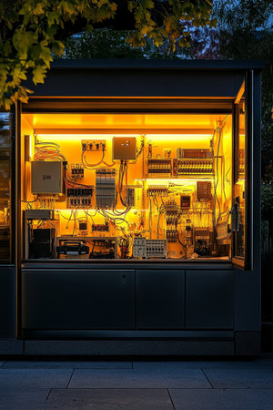 Illuminated Electrical Control Panel With Circuit Breakers, Wires, and Components Displayed At Nightの素材