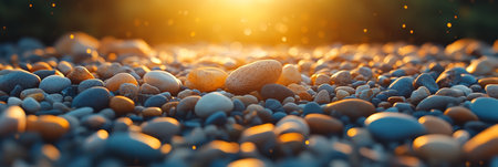 Golden Hour Glow on a Bed of Smooth Pebbles, Natural Texture Background with Warm Sunlightの素材