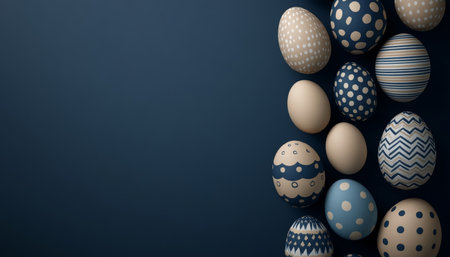 Navy Blue And Beige Easter Eggs Pattern On Navy Blue Background With Copy Space For Text Messageの素材
