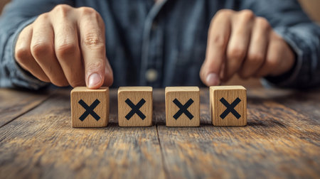 Decision Making, Choices, Uncertainty. Man Arranging Four Wooden Blocks with X Marks on Table.の素材
