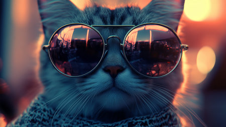 Closeup of Stylish Cat with Mirrored Aviator Sunglasses, Reflecting City Lights, Portraitの素材