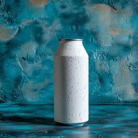 White Aluminum Can with Condensation on Blue Textured Background, Refreshing Drink Mockupの素材