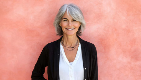 Portrait Of A Beautiful Smiling Senior Woman With Gray Hair On A Pastel Background, Copy Spaceの素材