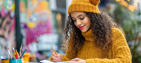 Smiling Young Woman in Yellow Beanie Writing in Notebook at Outdoor Cafe Table on Cozy Winter Dayの素材