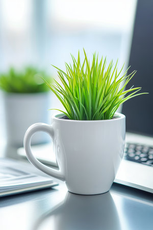 Green Grass Plant in White Mug on Office Desk with Laptop, Minimalist Workspace Decorの素材