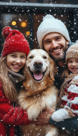 Happy Family with Golden Retriever Dog Enjoys Snowy Christmas, Winter Holidays Outdoorsの素材