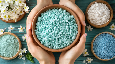 Womans Hands Holding Bowl of Blue Bath Salts, Surrounded by Colorful Jars on Turquoise Woodの素材
