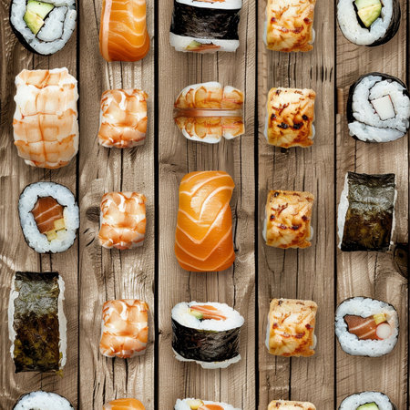 Variety of sushi rolls on a rustic wooden background, seamless pattern. Photorealistic style.の素材