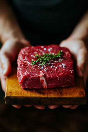 Chef Holding Fresh, Raw Red Meat, Seasoned With Salt and Herbs, On a Wooden Cutting Boardの素材