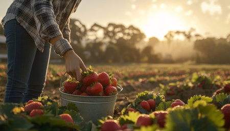 Woman Picks Fresh Strawberries on Sunny Farm, Harvesting Bounty of Red Berries at Sunsetの素材