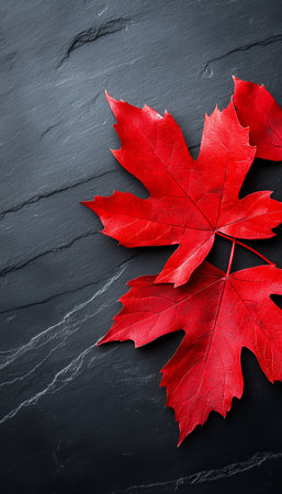 Two Vibrant Red Maple Leaves, Autumnal Symbols of Fall, on a Textured Dark Backgroundの素材