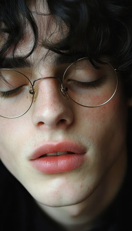 Close-up Portrait, Young Man with Glasses, Soft Lighting and Dreamy Expression, Beauty and Fashionの素材