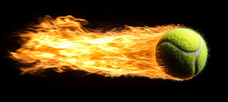 Tennis Ball Ablaze A Powerful Image of a Flaming Tennis Ball Against a Black Backgroundの素材