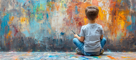 Young Artist Contemplating Abstract Artwork, Sitting on Studio Floor Facing Vibrant Colorful Wallの素材